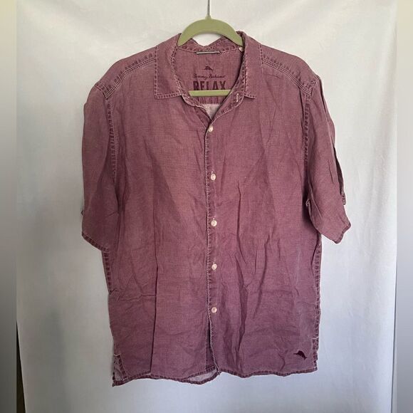 Tommy Bahama Relax 100% linen Short Sleeve Button Down Shirt in Red Mens large - Picture 1 of 9